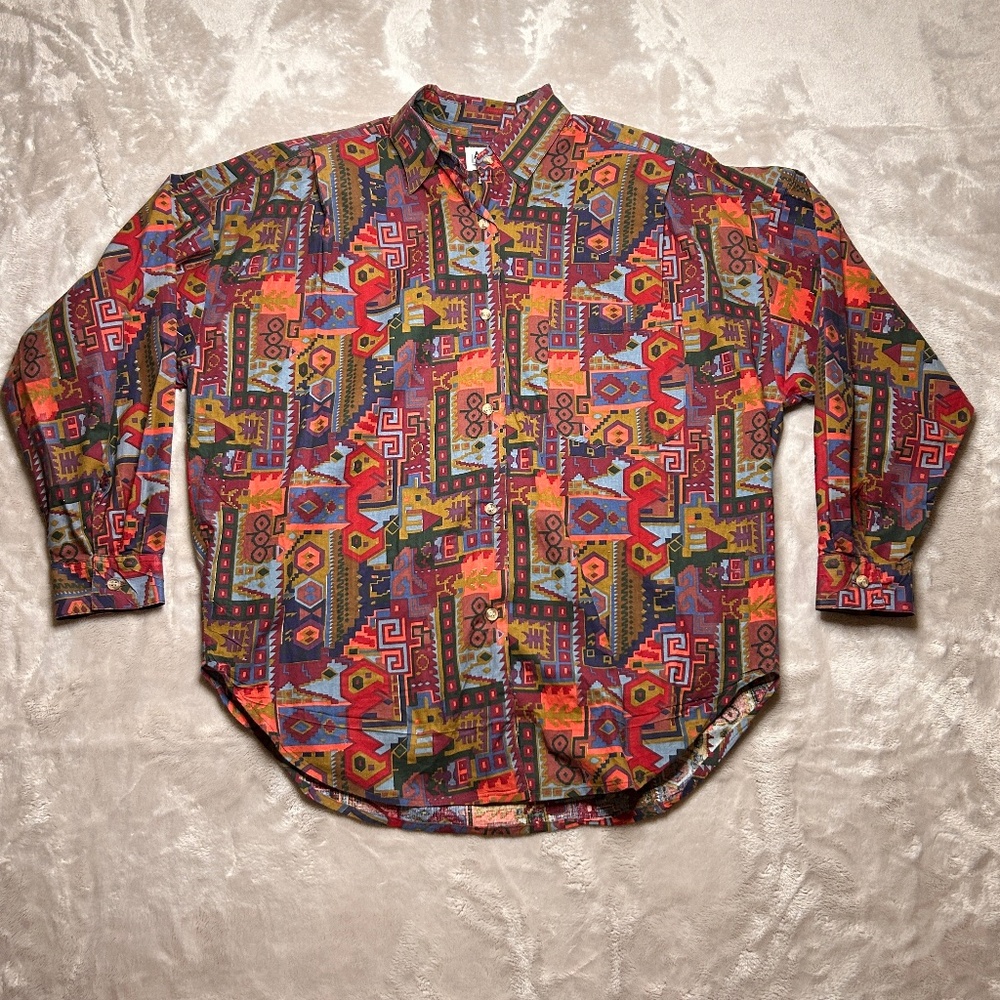 Vtg At Last Basics Button Up Shirt Womens M Aztec Abstract‎ Shoulder Pads 90s